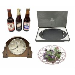 The Just Slate Company oval serving tray with chrome chilli handles, in box, 1966 Watney Mann World Cup Ale, Royal Wedding Ale & North Country Breweries Ltd ale (3), Oak cased Perivale mantel clock, H22cm and Murano style pick lattice glass basket, with detachable glass flowers