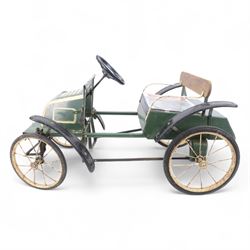 Triang child's pedal car in the style of a vintage automotive, likely a De Dion Bouton or an early Renault, painted in dark green with pale yellow details, H52cm