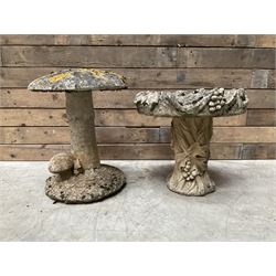 Weathered cast stone toadstool (D34cm, H49cm) and cast stone bird bath (D47cm, H43cm)