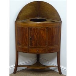  Georgian style inlaid mahogany corner washstand, raised shaped back, cupboard door above single drawer, out splayed supports join by an undertier, W68cm, H107cm, D43cm  