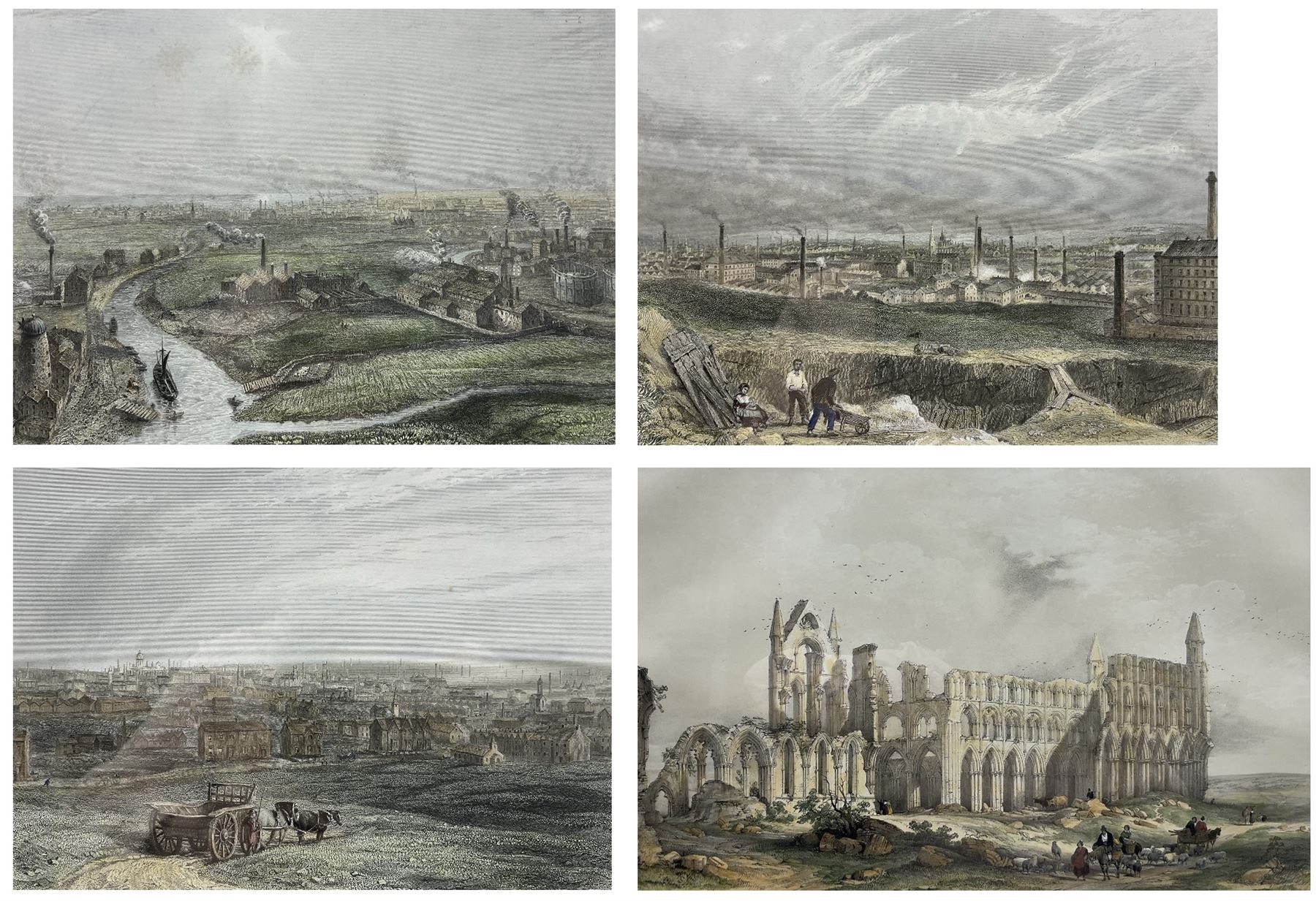 George Hawkins (British 1819-1852) after William Richardson (British fl.1842-1877): 'Whitby Abbey Church Yorkshire from the South West', lithograph with hand colour 30cm x 48cm; After Henry Warren (British 1794-1879): 'Leeds' 'Bradford' and 'Hull', set three engravings with hand colour 14cm x 19cm (4)