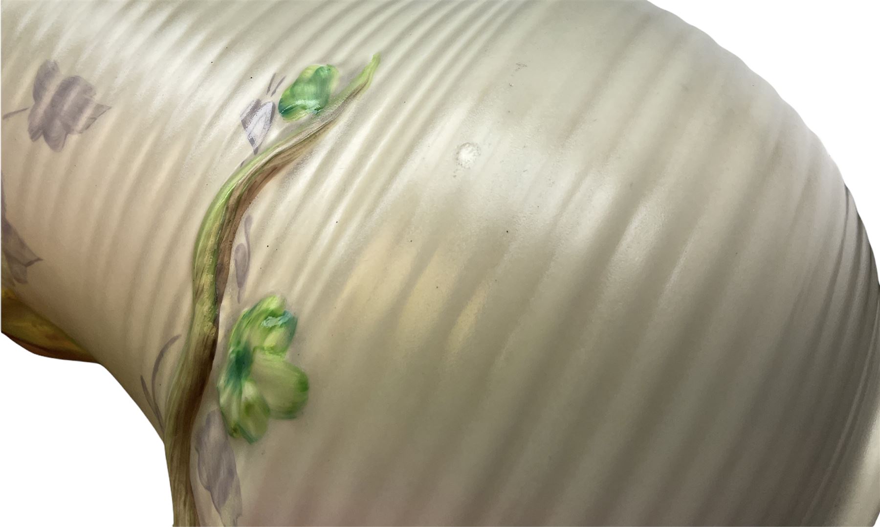 Clarice Cliff baluster jug moulded with a blue budgerigar perched upon branch with green rustic handle and mushroom glaze,  factory stamped beneath, H22.5cm