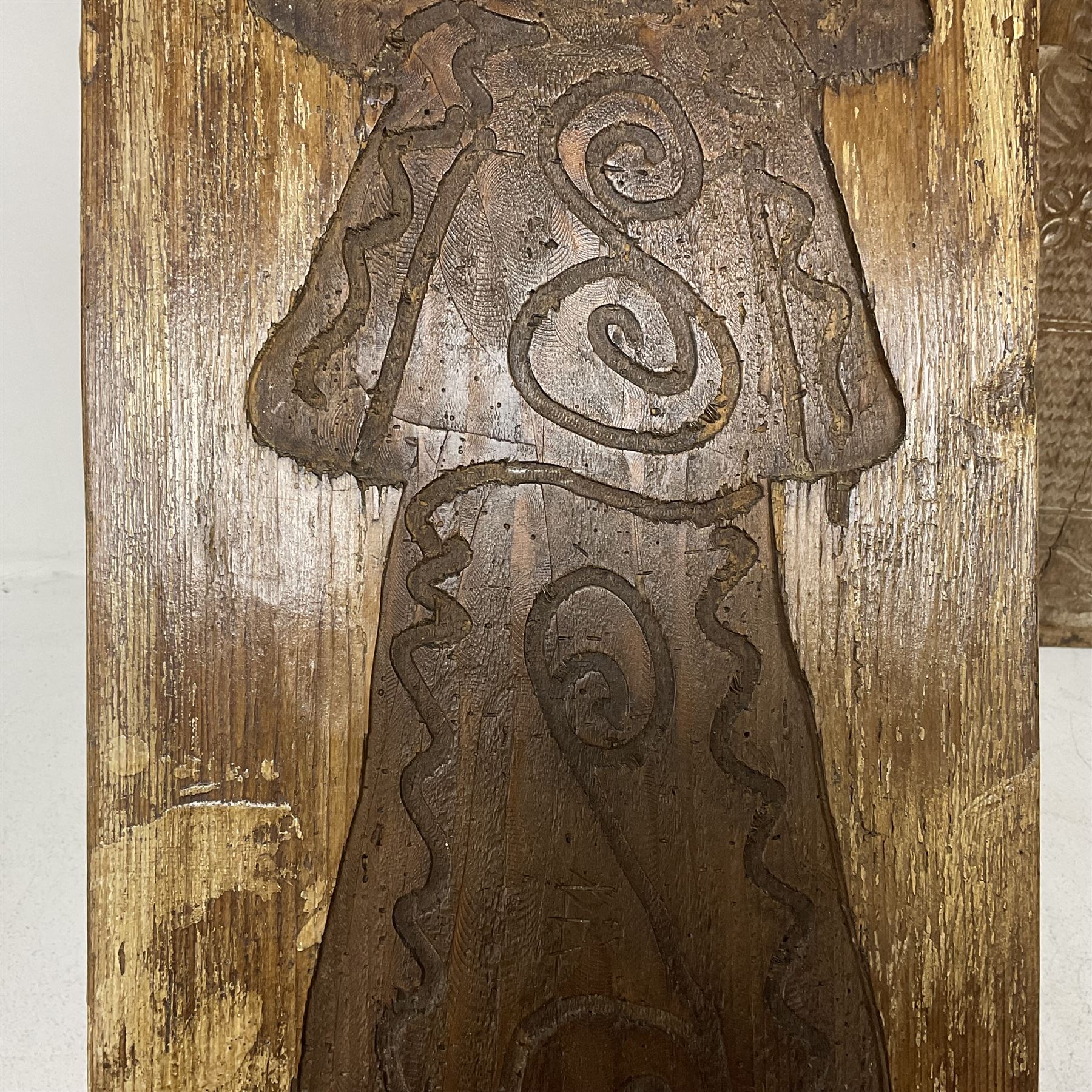 Two 20th century hardwood Dutch folk art Speculaasplank or biscuit moulds, typically carved with figures in traditional dress, largest H101cm