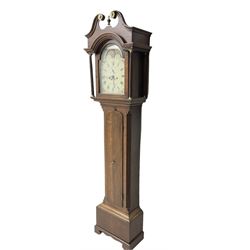 W Sargent of Boston (Lincs) - late 18th century oak cased 8-day longcase clock, with a deep swans necked pediment and brass paterie, break arch hood door with a dog tooth moulding above and detached reeded pilasters with brass capitals, trunk with canted corners and recessed pilasters, long trunk door with a pointed top and central lock escutcheon, on a shortened plinth with applied skirting, painted dial with a moon disc to the arch and spandrels with depictions of fruit within gesso borders, Roman numerals with Arabic five minutes and matching steel hands, date aperture and seconds dial, dial pinned via a false plate to a rack striking movement, striking the hours on a cast bell. With pendulum and weights.