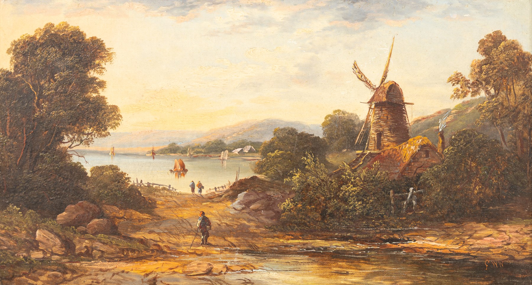 Manner of George Augustus Williams (British 1814-1901): Dutch River Landscape with Windmill, oil on canvas signed GWW 24cm x 44cm