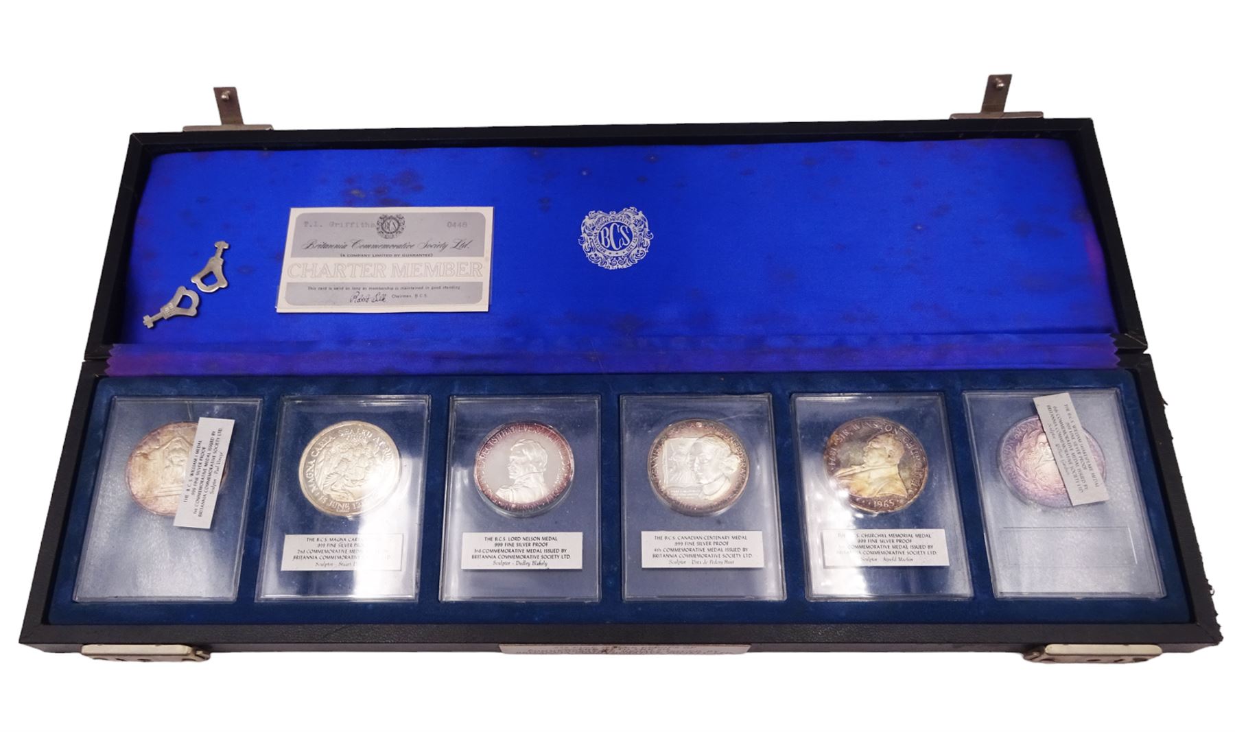 British Commemorative Society Ltd, set of six commemorative .999 fine silver proof medals, no. 1 to 6 , to include the William Medal, The Magna Carta Medal, The Lord Nelson Medal, The Canadian Centenary Medal, The Churchill Memorial Medal and The William Shakespeare Medal, each contained within clear perspex cases, in a silk lined fitted case
