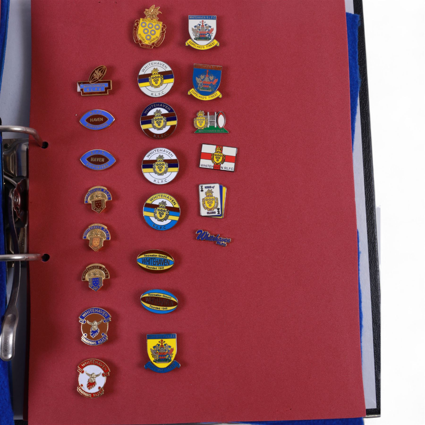 Rugby league enamel badge collection, from Swinton Lions, Wakefield Trinity, Warrington Wolves, Whitehaven, Widnes Vikings, Wigan Warriors, Workington Town and York City Knights, including Wigan Wembley and Cup Winners examples, housed in two folders, (approximately 300)