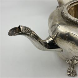 Five piece Edwardian silver tea service, comprising teapot and coffee pot, each with ebonised scroll handle, tea caddy with hinged cover, twin handled open sucrier, and milk jug, each of rounded bombe form, upon four paw feet, hallmarked William Adams Ltd, Birmingham 1904 and 1905, coffee pot H26cm
