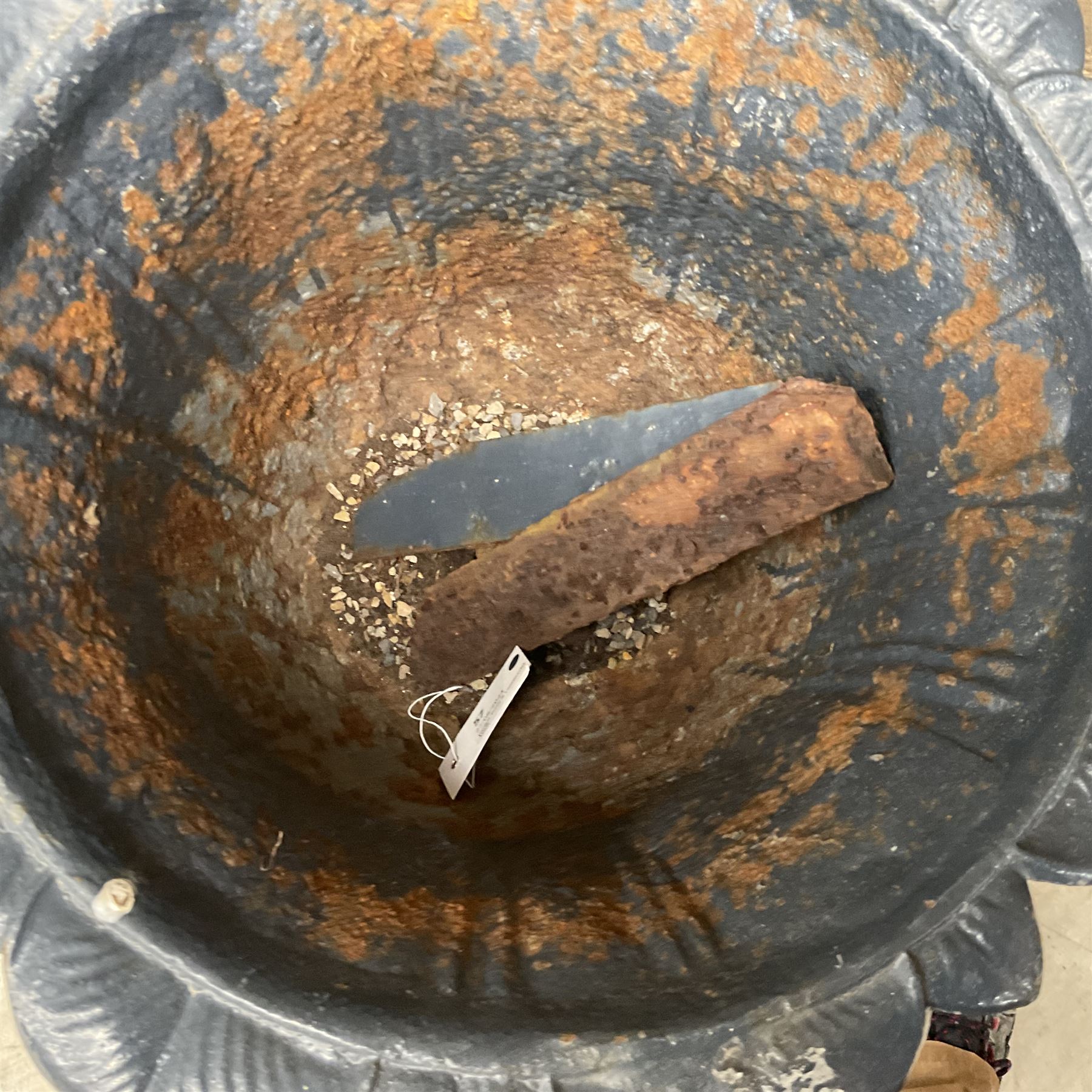 19th century blue painted cast iron lotus garden urn with plinth, and a cast iron rain hopper