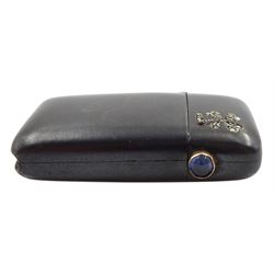Late 19th/early 20th century continental gun metal vesta case with diamond flower decoration and a cabochon sapphire push thumbpiece