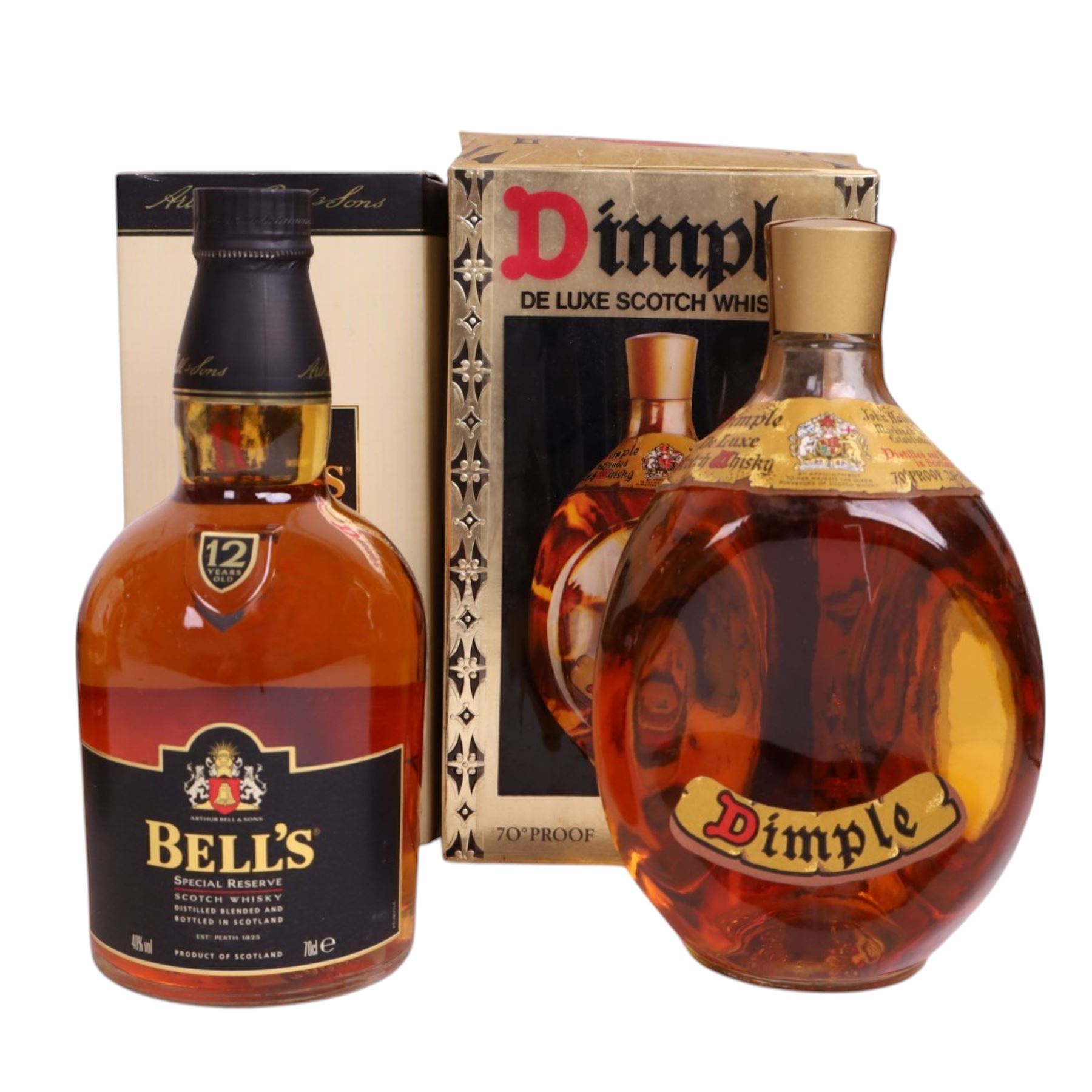 Bells 12 year old blended scotch whisky, together with Ballantine's blended scotch whisky, Dimple de luxe scotch whisky and the Famous Grouse, etc various contents and proof 