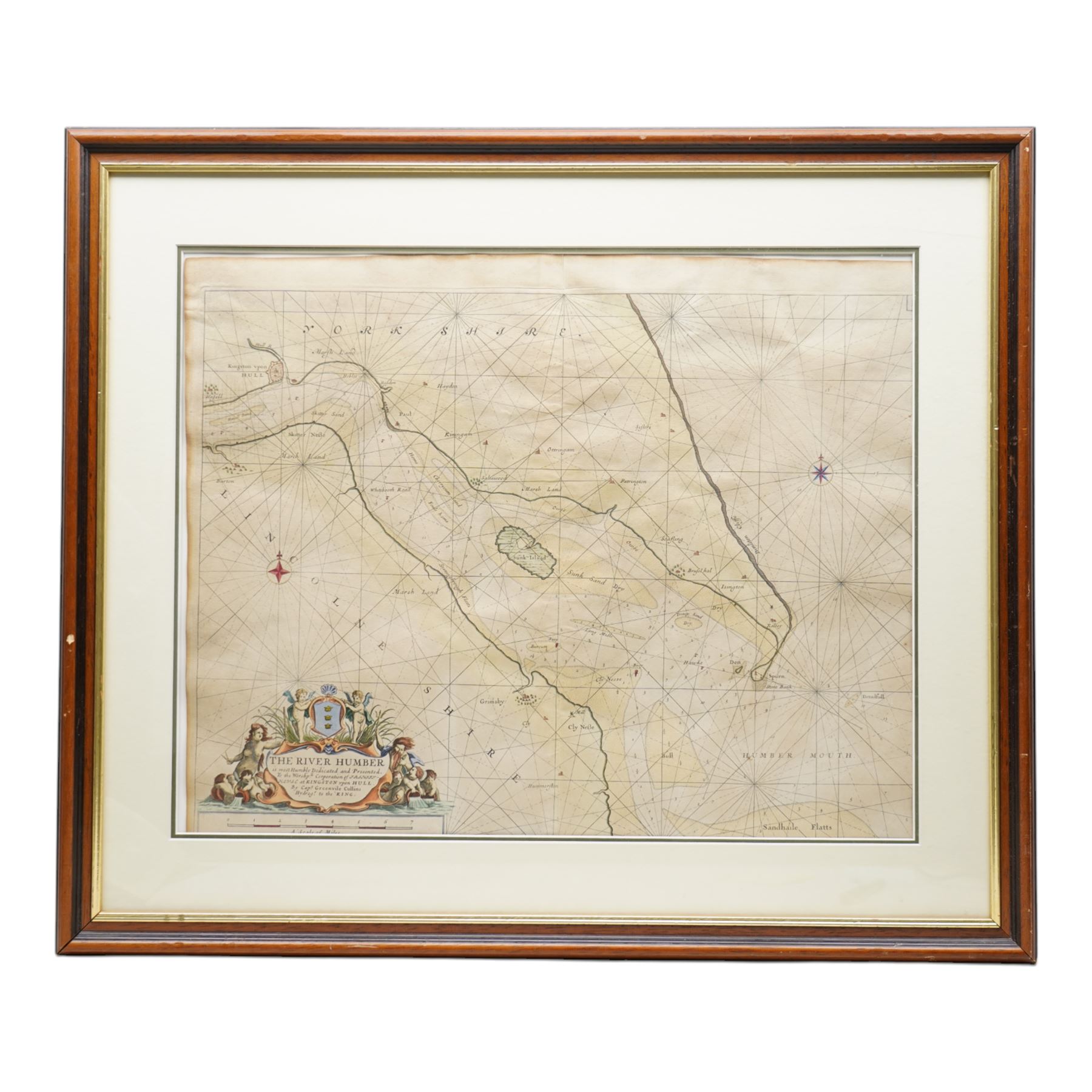Captain Greenville (Greenvile) Collins (British 1643-1694): 'The River Humber', showin Hull and coasts of Yorkshire and Lincolnshire, 17th/18th century engraved map with hand-colouring pub. c1693, 45cm x 56cm
Notes: Collins was a hydrographer and officer of the Royal Navy, commissioned by King Charles II in 1676 and appointed by Samuel Pepys to chart the coasts of Great Britain.