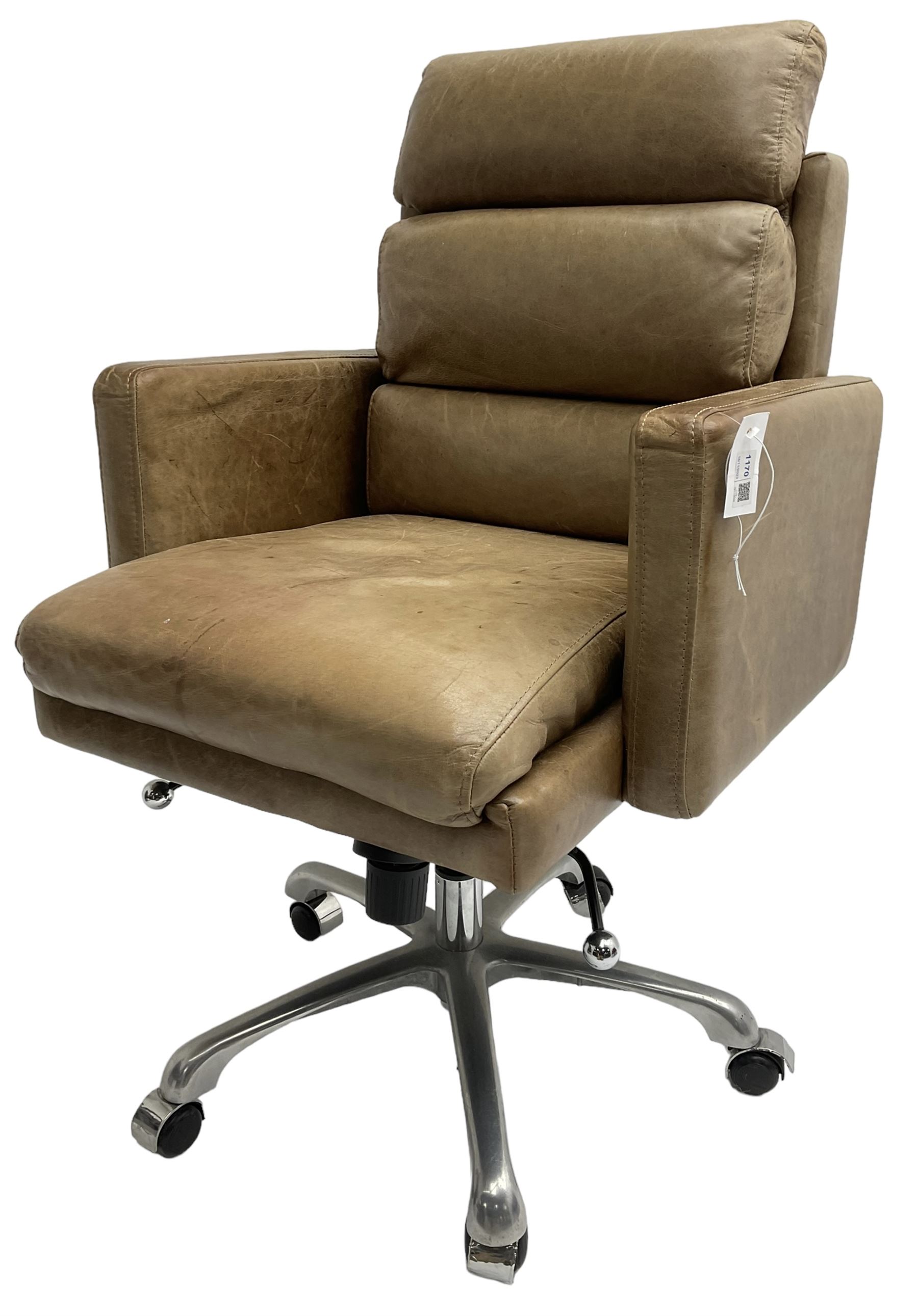 Halo - 20th century 'Kipling' desk chair, upholstered in tan leather, raised on chrome  base with adjustable and swivel action
