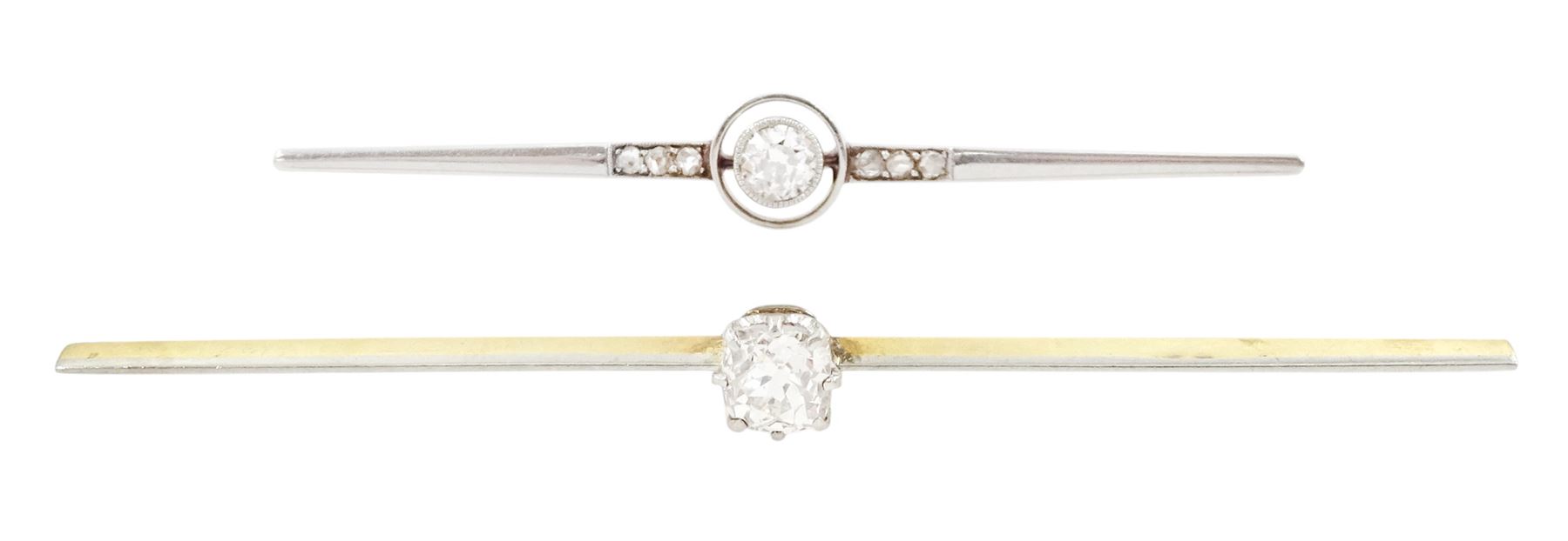 Early 20th century 14ct gold and platinum single stone cushion cut diamond bar brooch, diamond approx 0.55 carat and one other 14ct gold and platinum seven stone old and rose cut diamond brooch, principal old cut diamond approx 0.20 carat