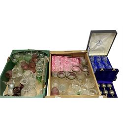 Collection of 19th century and later glassware, to include set of four cranberry overlaid glasses, boxed set of Thomas Webb glasses, glass decanters etc in two boxes