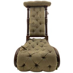 Victorian mahogany prie-dieu chair, scrolled form with turned and fluted upright supports carved with leaves, buttoned upholstery, brass and ceramic castors