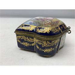 Sevres style late 19th/early 20th century trinket box decorated in the rococo style, the shaped cover painted with an 18th century courting couple in a garden scene opening to reveal the interior painted with floral sprays, the conforming body with a painted panel of floral decoration, all reserved upon cobalt blue ground with foliate gilt borders, with interlaced L's mark beneath, L12cm H6cm