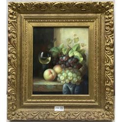 E Hollis (19th/20th Century): Still Life of Fruit and Wine, pair oil on canvas signed 29cm x 24cm (2)