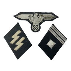 Two WW2 German 'SS' uniform cloth collar patches and sleeve eagle for Schafuhrer rank (3)