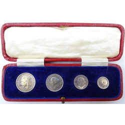  Great British King George VI 1930 Maundy money set fourpence, threepence, twopence and penny, in rectangular red 'Maundy Money' case  