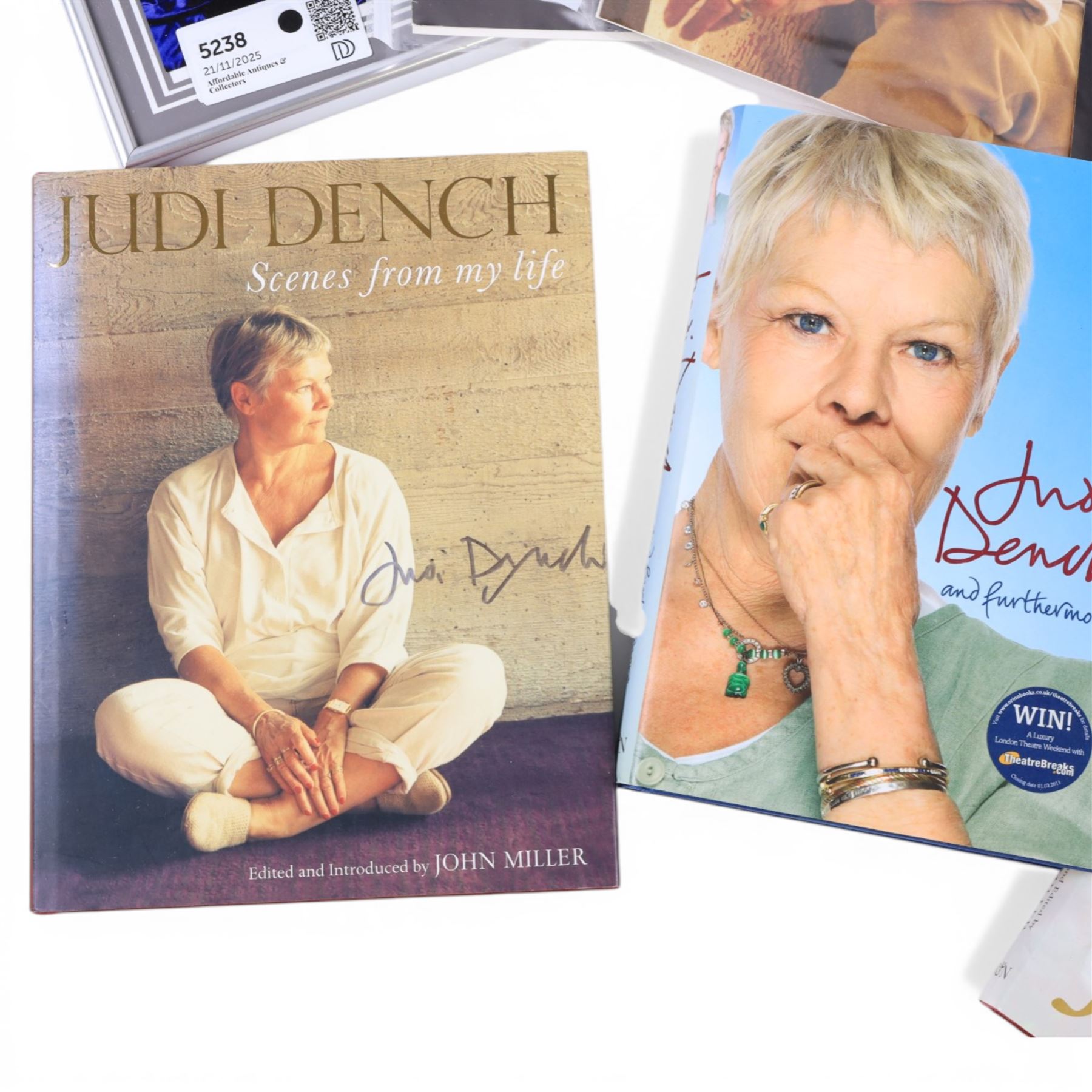 Judi Dench signed book 'Scenes From My Life', together with framed signed Judi Dench photograph, one other signed photograph and a signed 'Sunday Times' magazine cover, Joanna Lumley signed autobiography 'Absolutely', with two signed 'You' magazine covers and two further Judi Dench autobiographies