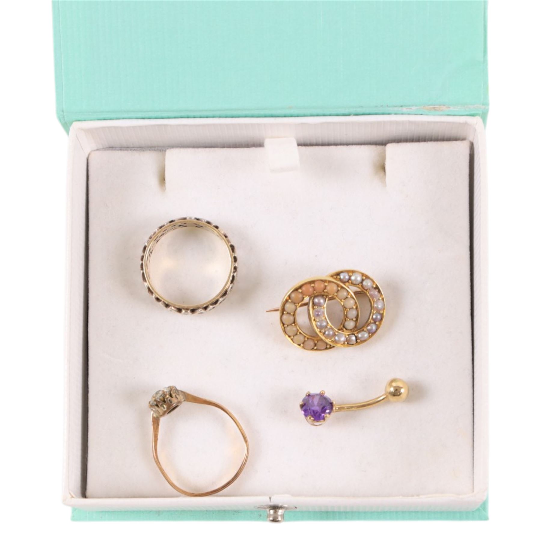18ct gold split pearl brooch, 9ct gold stone set belly bar, 9ct and silver paste ring, rolled gold ring, silver jewellery, including locket, chains, silver gilt necklace and bracelet, hardstone pendant necklace, earrings, turquoise bracelet, etc