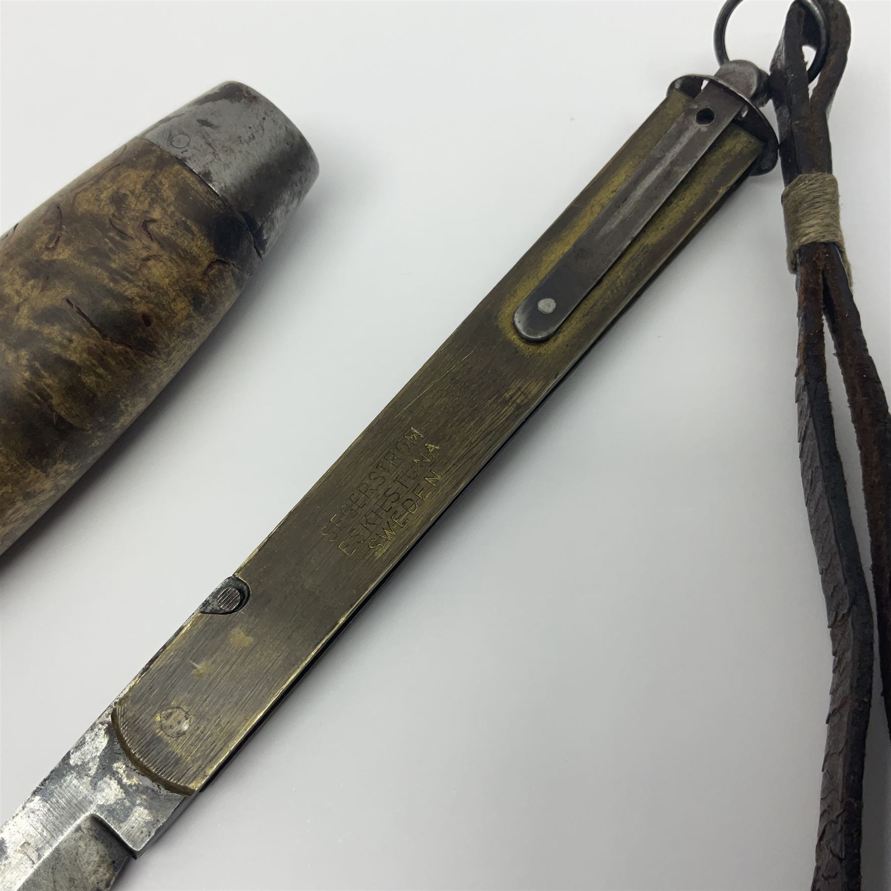 Mid 20th century Swedish barrel/sloyd knife by Segerstrom, with wooden handle and leather strap, stamped Segerstrom Eskiltuna Sweden, blade 8cm