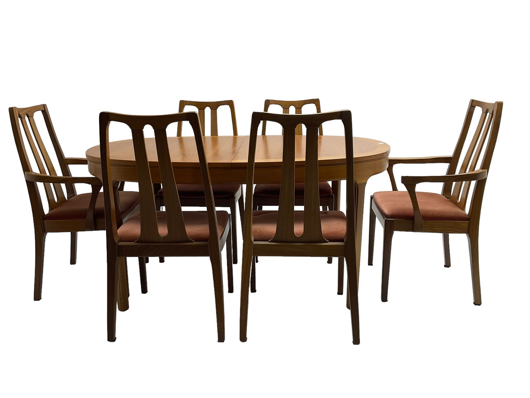 Nathan - mid-20th century teak oval extending dining table (W152cm D99cm H75cm); and Nathan - set six (4+2) mid-20th century teak high slat-back chairs, seats upholstered in light red fabric (W55cm H96cm)