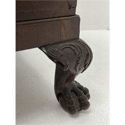 19th century camphor wood and mahogany silver chest, the hinged banded top with circular brass mounts which secure the interior strap hinges, fretwork metal strapping to the corners, on stand with plain frieze and acanthus carved cabriole ball and claw feet