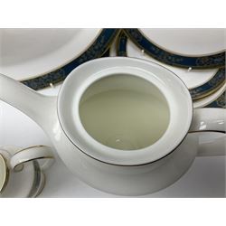 Royal Doulton Carlyle pattern tea and dinner service for six, to include teapot, coffee pot, teacups and saucers, coffee cups and saucers, milk jug, open sucrier, dinner plates, side plates, bowls, soup bowls, to covered dishes etc (64) 