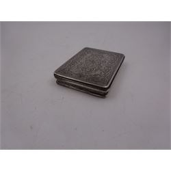 Late Victorian silver snuff box, of rectangular form, engraved with flowers and scrolls, within geometric borders, hallmarked Eustace George Parker, Birmingham 1899, stamped beneath Pearce & Sons Silversmiths, Leeds, W7.6cm