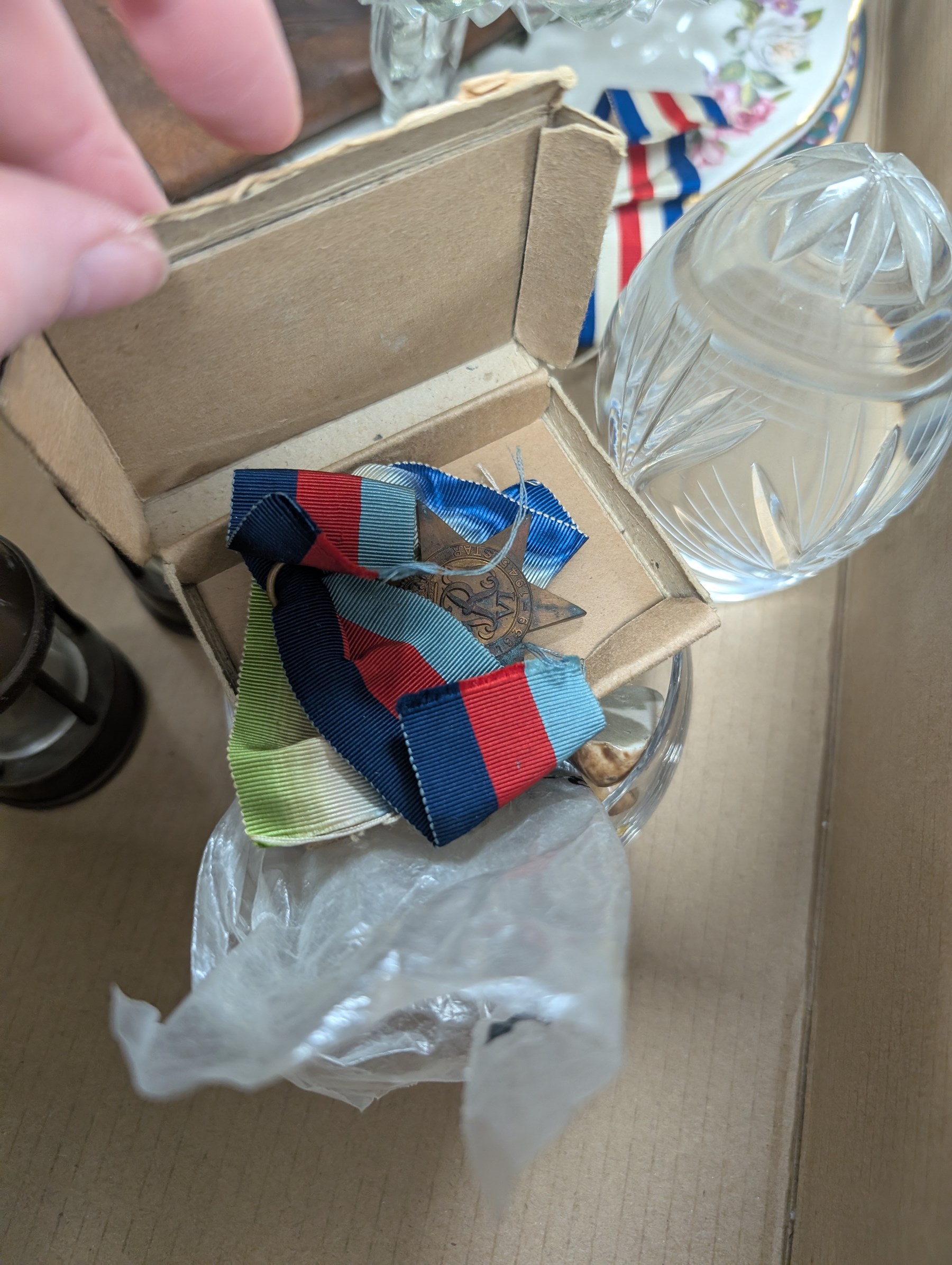 Set four framed WWII medals, further medals and a collection of ceramics and glassware, including Fenton chintz jugs, Minton Haddon Hall pin dish, etc