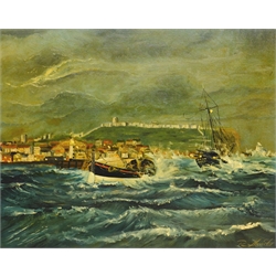  Robert Sheader (British 20th century): Lifeboat Returning to Scarborough Harbour in Choppy Seas, oil on board signed 39cm x 49cm  