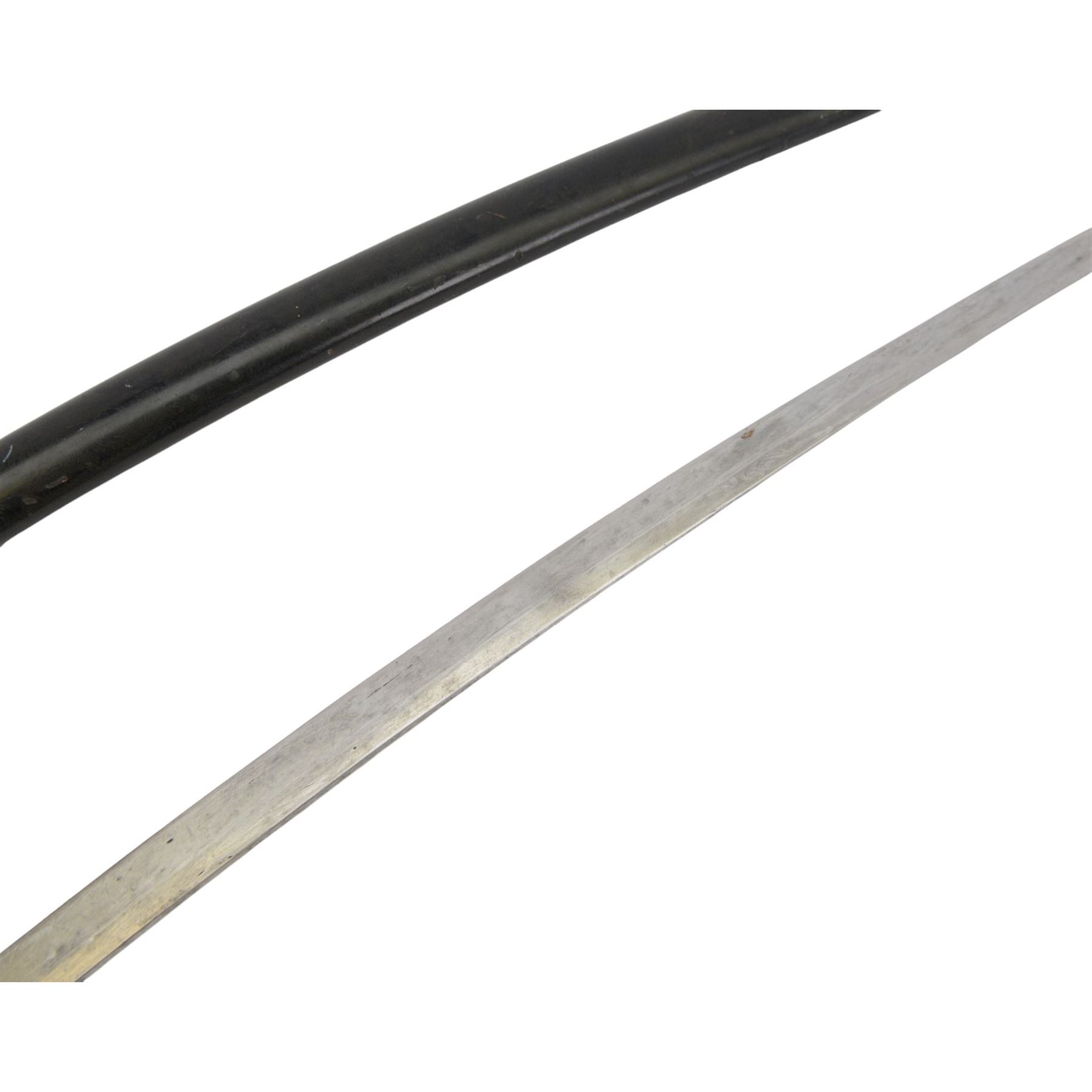 Replica Japanese katana with 63cm curved single edged blade in scabbard, overall L93cm, together with dagger with brass handle in a leather scabbard 