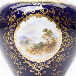 Coalport pot pourri jar and cover, circa 1920, the dark blue ground painted with landscape panels of Helvelly by E.O. (Ted) Ball, printed and painted marks to base, H17cm
