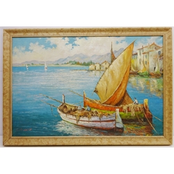  Mediterranean Waterfront, mid 20th century oil on canvas signed L M Galea 59cm x 90cm  