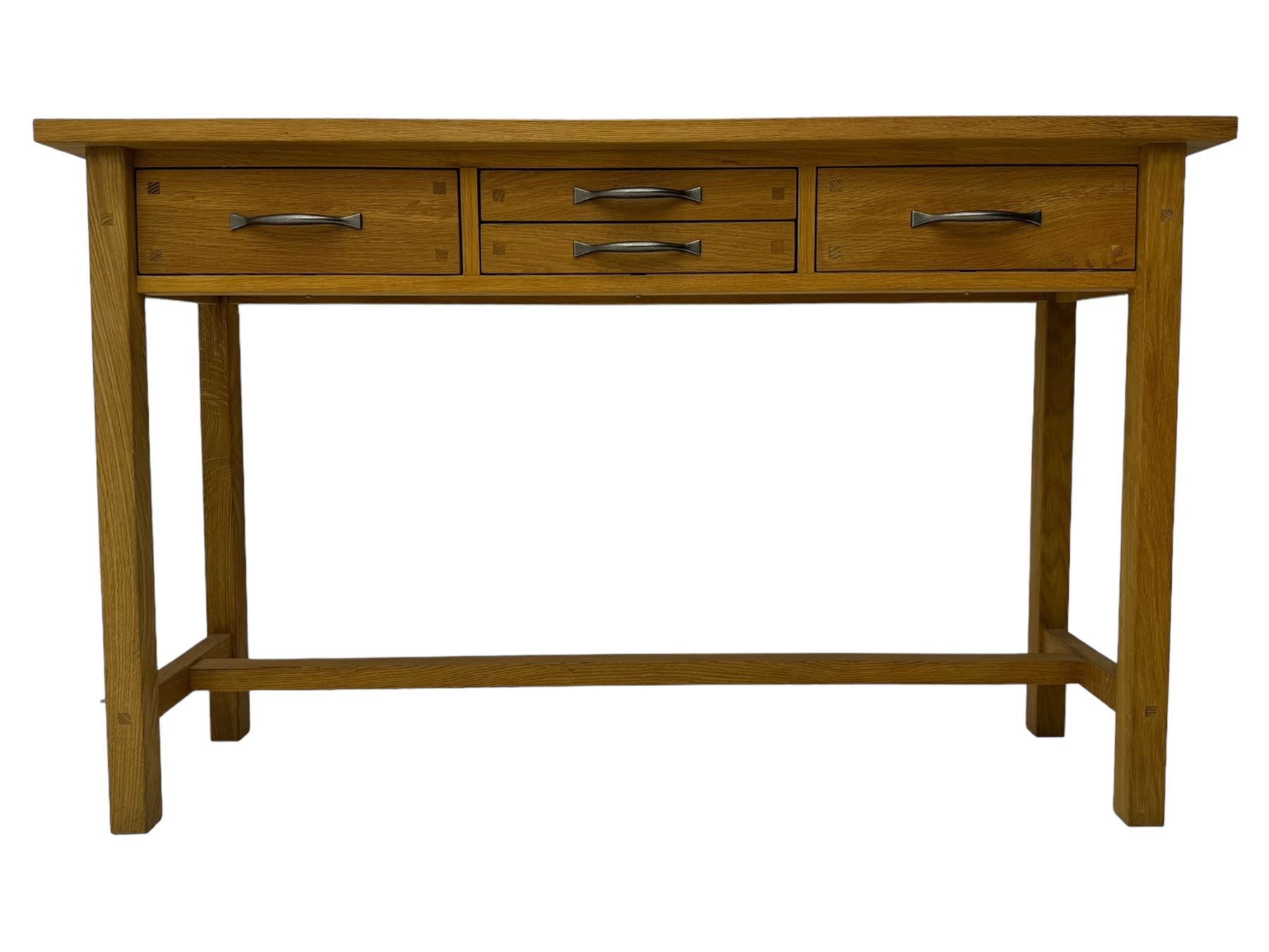 Laura Ashley - contemporary light oak console table, rectangular top over four drawers, on rectangular supports united by stretcher