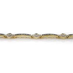 9ct gold sapphire and diamond bracelet, nine square cut sapphire and diamond chip clusters, each spaced by six channel set sapphire links, hallmarked