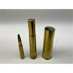 First World War Trench Art shell cases, to include pair engraved France with foliate design and frilled splaying rim, another larger plain shell case all marked 1916, WWII Kynoch Works capped case, and further shell case and bullet