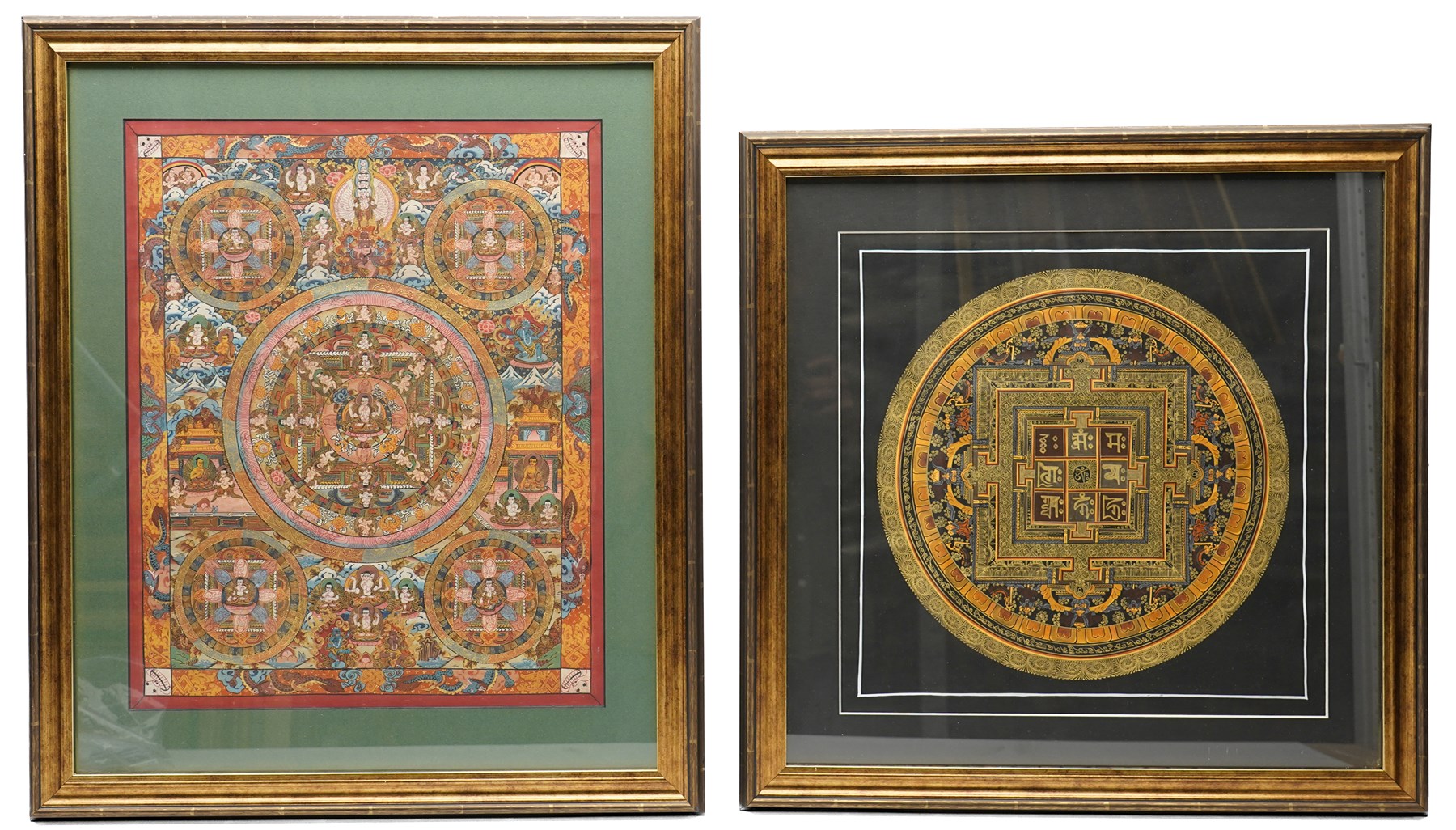 Tibetan School (20th century): Buddhist Pancha Mandala Thangka, pair of gouaches on fabric unsigned max 48.5cm x 39cm (2)