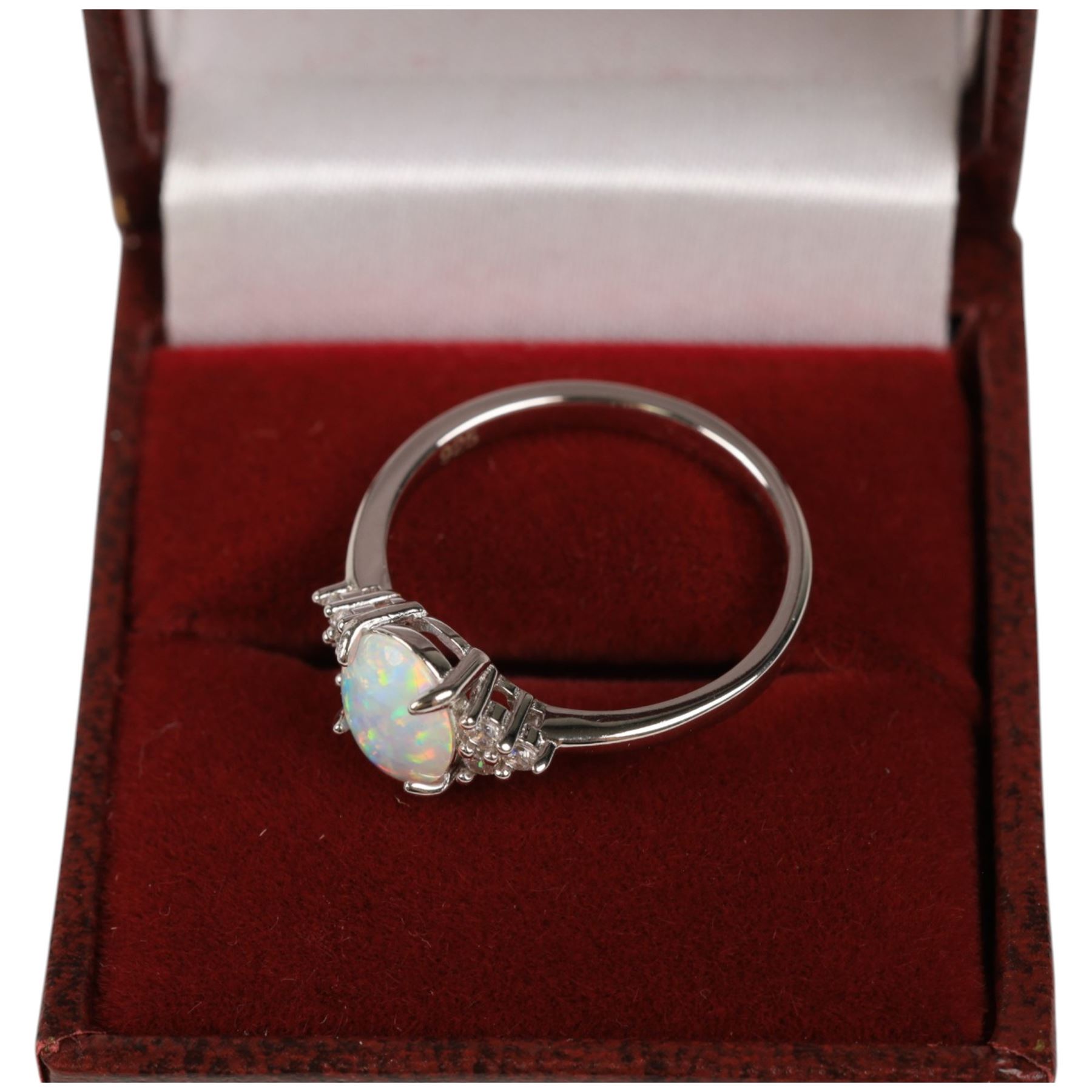 Silver opal and cubic zirconia ring, boxed