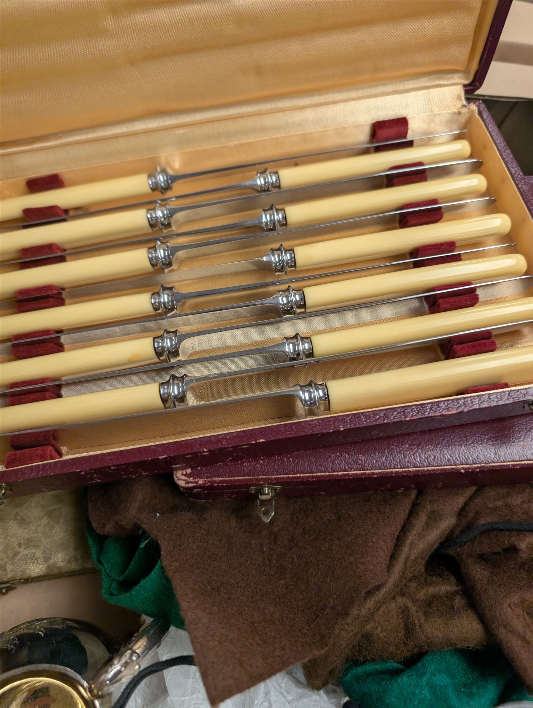 Collection of silver plated items and glassware, including cased cutlery, carnival glass, decanters, teapot, trays, etc