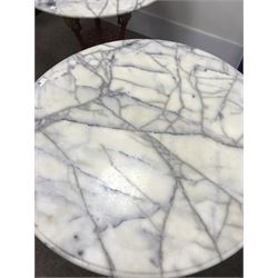 Pair cast iron Britannia pub tables, one red, one black with large marble tops 