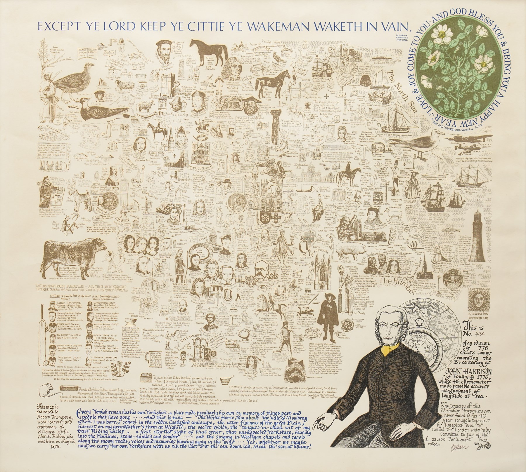 Joseph Lloyd Carr (British 1912-1994): 'Yorkshire', limited edition colour literary and pictorial historical map of Yorkshire dedicated to Robert Thompson of Kilburn (Mouseman), sixth edition signed numbered 436/776 in pen pub. 1976, 46cm x 49cm