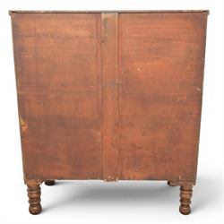 Victorian mahogany bow fronted chest, fitted with two short and three long drawers, flame mahogany front, bone escutcheons and turned wooden handles, quarter barley twist columns, raised on turned supports