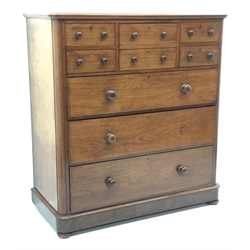  Victorian mahogany chest, six short and three long drawers, bun feet, W123cm, H132cm, D58cm  