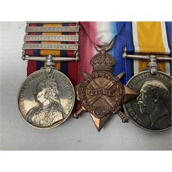 Boer War/WW1 group of four medals comprising Queens South Africa Medal with five clasps for South Africa 1901 & 1902, Transvaal. Orange Free State and Cape Colony awarded to 8321 Sapper J. Webb Rl. Engrs.; together with British War Medal, 1914-15 Star and Victory Medal awarded to 46989 2.Cpl. J. Webb R.E.; all with ribbons and mounted for display on card; some biographical details