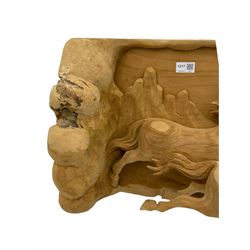 High relief carved cherry wood wall art - eight galloping horses with mountainous background