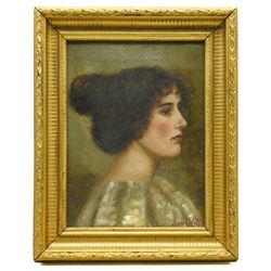 Isabel Hillkink (British fl.1900-1908): Side Profile Portrait of an Edwardian Lady, oil on canvas signed 29cm x 22cm