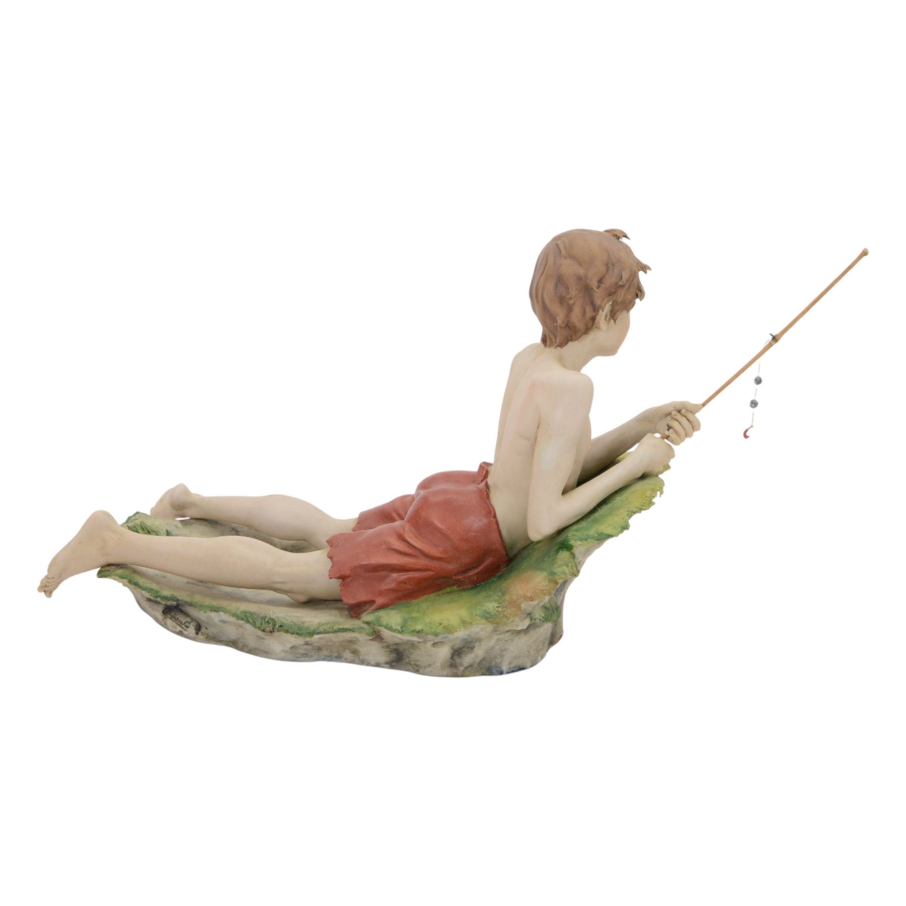 Three Capodimonte figures, including Male artist, Tramp on a Bench, and Boy Fishing, largest H35cm